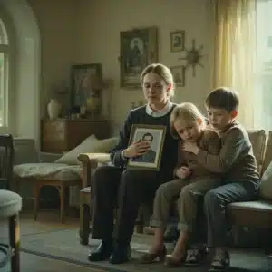 Donna in lutto sulla trentina seduta accanto ai suoi due figli piccoli stringe al petto una foto del marito defunto