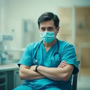Un medico con aria preoccupata, suggerendo la gravità di un caso di malasanità.