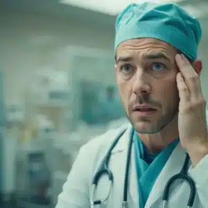 Un medico chirurgo in camice con l'espressione molto preoccupata