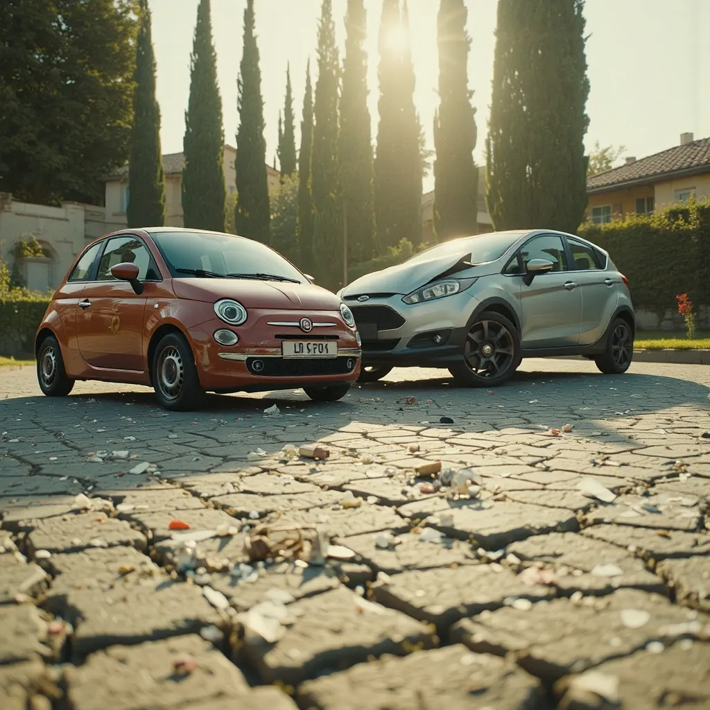 Lieve tamponamento tra una FIAT 500 rossa e una FORD Fiesta grigia