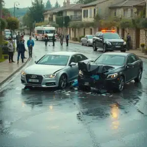 Incidente stradale tra una berlina Audi argento e un SUV Mercedes nero