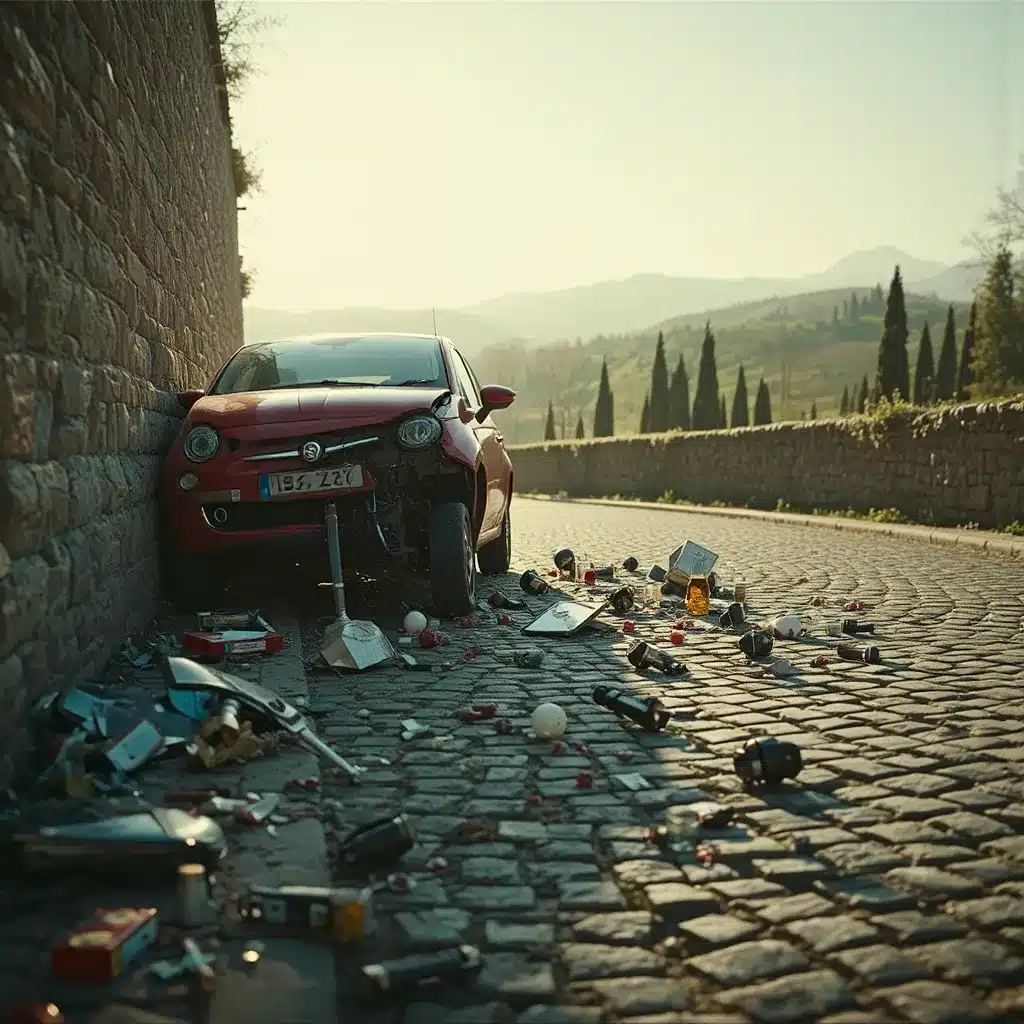 Una foto drammatica di un incidente stradale di una Fiat 500 rossa malconcia, con la parte anteriore schiacciata contro un muro di pietra