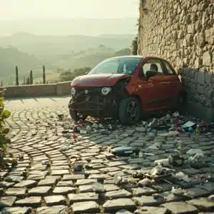 Una Fiat 500 rossa schiantata sul muro di un castello medievale