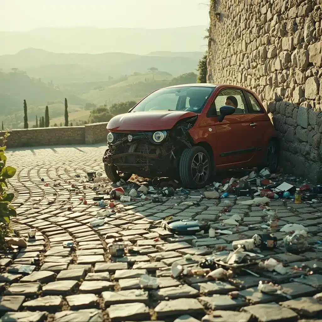 Una Fiat 500 rossa schiantata sul muro di un castello medievale