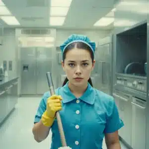 Una giovane donna delle pulizie in una classica uniforme blu con guanti di gomma