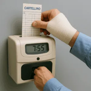 Una mano fasciata timbra il cartellino di inizio turno al lavoro