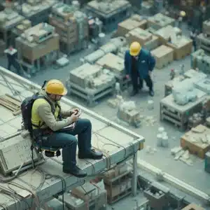 Un lavoratore edile su un ponteggio stabile, con imbracatura e caschetto protettivo, mentre esegue operazioni in altezza.