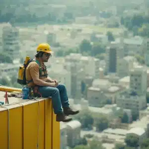 Un operaio in tuta da lavoro e casco protettivo seduto pericolosamente sul ciglio dell'attico di un grattacielo