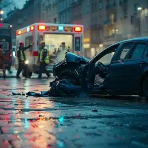 Incidente stradale in una trafficata strada cittadina europea al crepuscolo