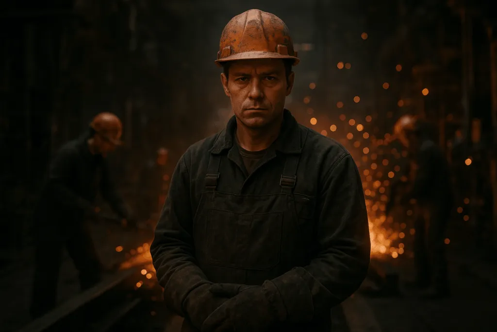 Operaio in una fabbrica metallurgica, con tuta da lavoro, casco e guanti protettivi