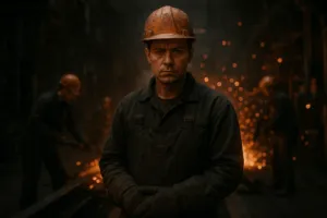 Operaio in una fabbrica metallurgica, con tuta da lavoro, casco e guanti protettivi