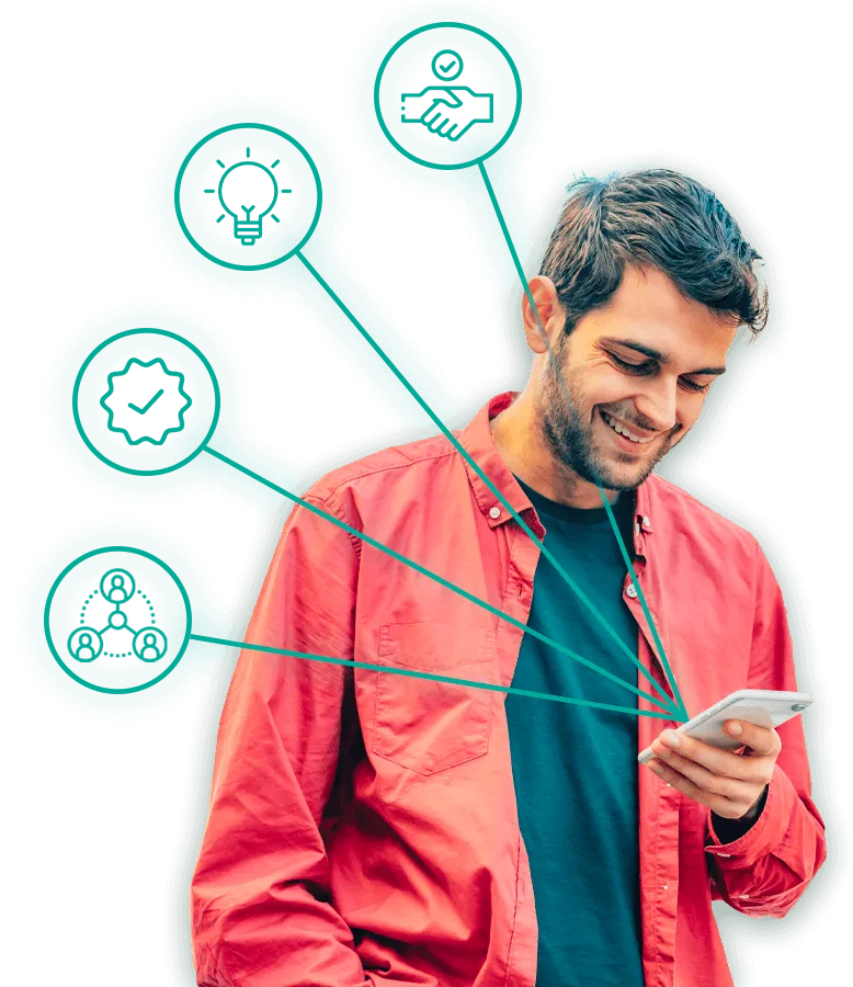 utente al cellulare con icone vantaggi e soluzione