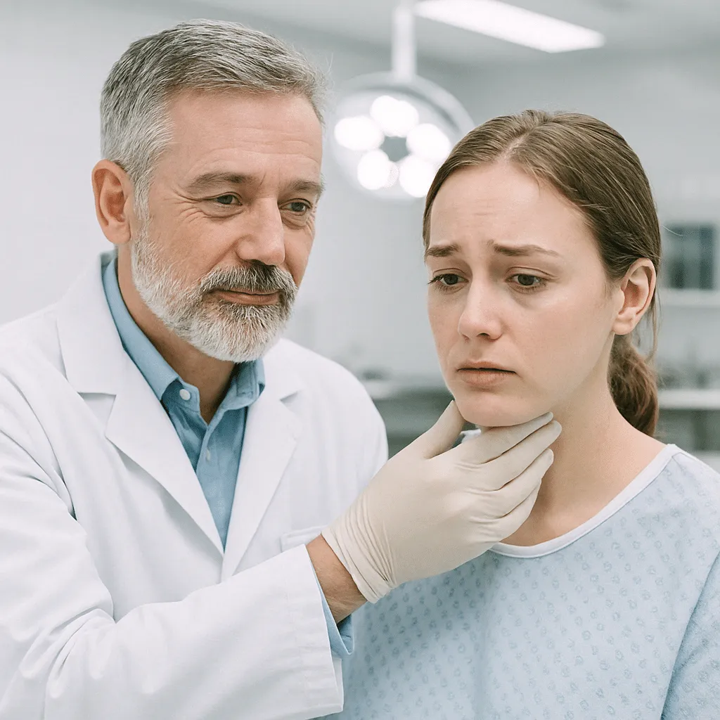 Un medico legale dall'aspetto rassicurante che esegue una perizia medica sulla sua paziente.
