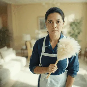 Una governante di mezza età con capelli raccolti in modo ordinato, che indossa una tradizionale uniforme da lavoro blu navy con un grembiule bianco.
