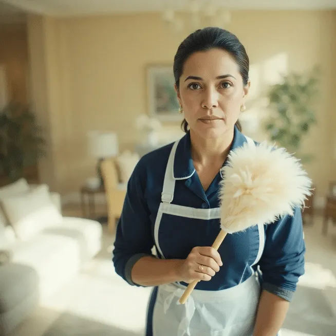 Una governante di mezza età con capelli raccolti in modo ordinato, che indossa una tradizionale uniforme da lavoro blu navy con un grembiule bianco.