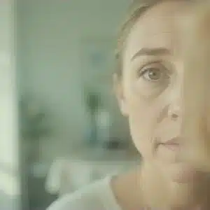 Una donna sulla quarantina dalla carnagione chiara, il cui viso è per metà oscurato da una sfocatura intensa sulla parte destra del viso.