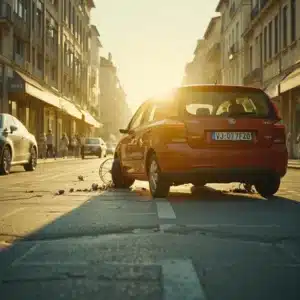 Una FIAT Panda rossa ferma in mezzo a una strada di città