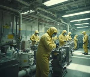Operai industriali che indossano tute protettive gialle contro agenti tossici