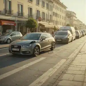Un leggero tamponamento a catena tra veicoli su una strada cittadina